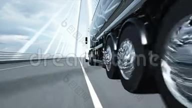 <strong>高</strong>速公路上汽油<strong>加油</strong>机、拖车、卡车的三维模型。 开得很快。 现实的4k动画。 石油概念。